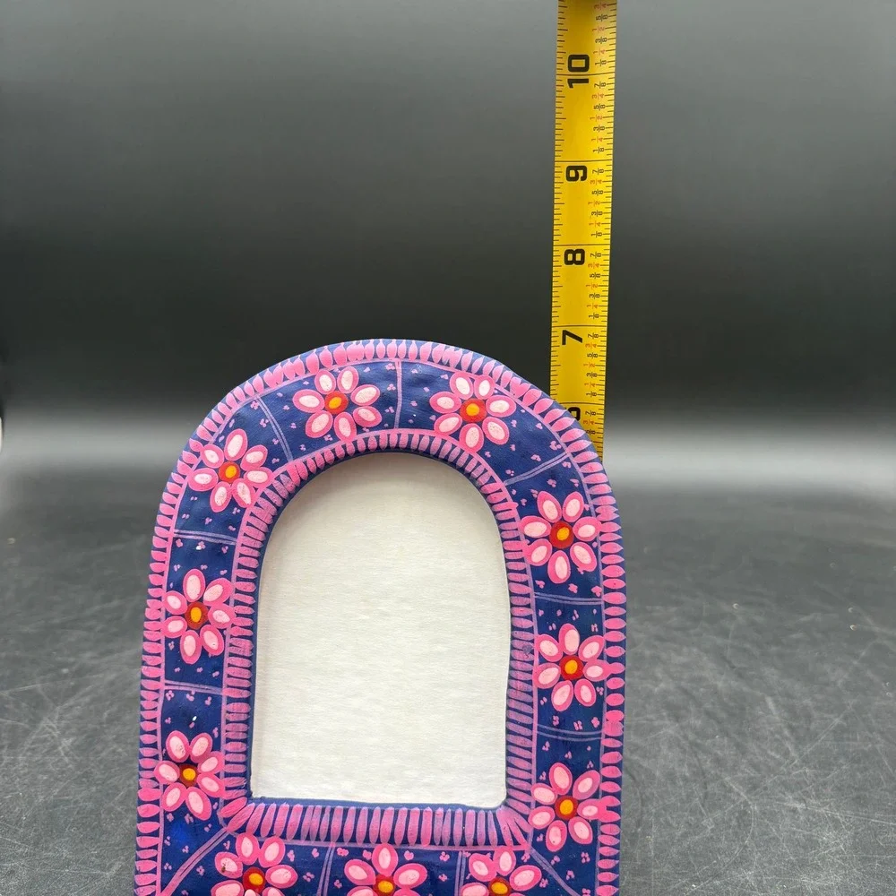 Mexican Folk Art Terra Cotta Picture Frame Hand Painted Blue Pink Floral Arched